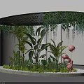 Indoor Landscape Featuring Circular Structure Hanging Green Vines Various Plants Pink Pig Decoration White Pebbles