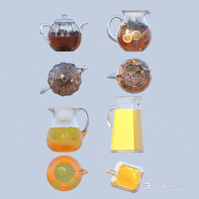 Refreshing Homemade Drinks in Glass Teapots and Pitchers with Lemon Slices 3d model 