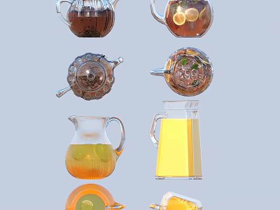 Refreshing Homemade Drinks in Glass Teapots and Pitchers with Lemon Slices 3d model
