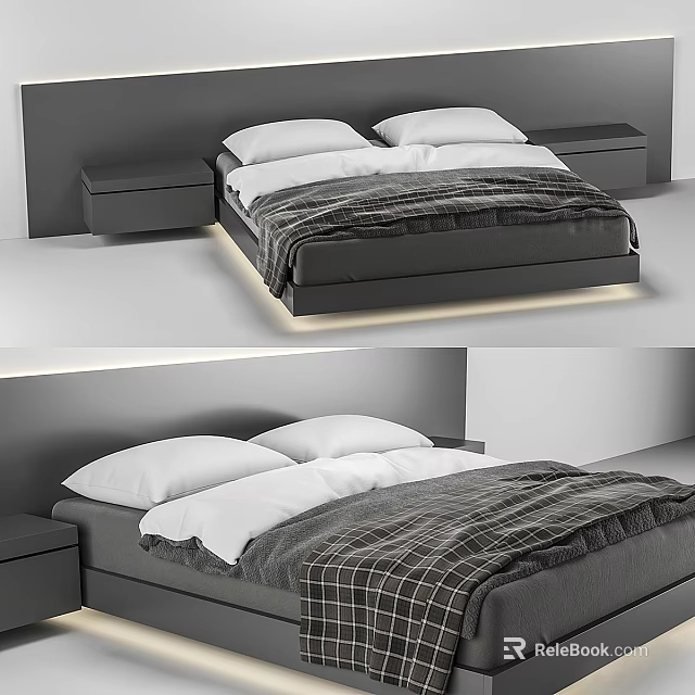 Modern Double Bed With Gray Bedding Two Nightstands And Under Bed Lighting 3d model