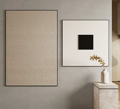 Minimalist Wall Decor With Beige Textured Art White Square Painting And Golden Leaf Vase 3d model