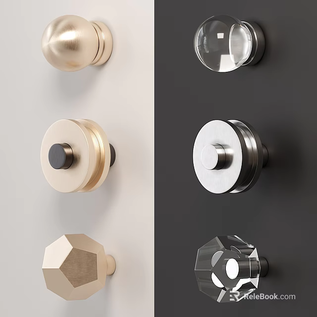 Various Design Door Knobs Featuring Metallic Transparent and Crystal Styles on Light and Dark Walls 3d model