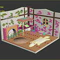 Cartoon Room Scene Featuring Red Brick Walls Fireplace Green Chair Pink Rug and Window Plants