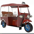 Red Vintage Tricycle Taxi With Open Roof And Blue Wheels