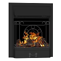 Black Metal Frame Fireplace With Ornate Iron Grate And Burning Logs Flames
