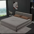 Modern Minimalist Double Bed with Wooden Wall Large Window Lake View and Nightstands
