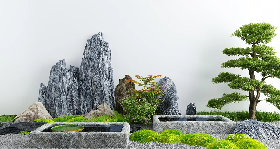 Karesansui Japanese Zen Garden With Gray Rock Formations Stone Basins And Greenery 3d model 