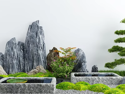 Karesansui Japanese Zen Garden With Gray Rock Formations Stone Basins And Greenery 3d model