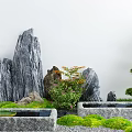 Karesansui Japanese Zen Garden With Gray Rock Formations Stone Basins And Greenery