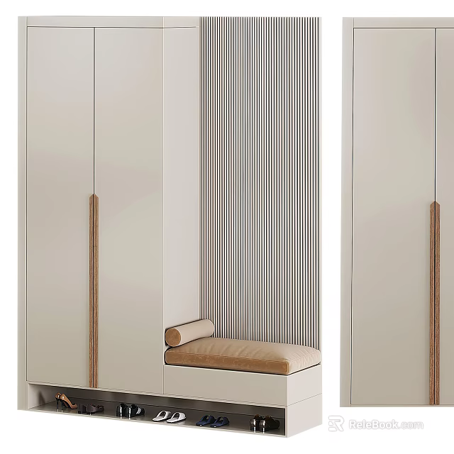 Modern White Shoe Cabinet With Wooden Handles Beige Bench And Vertical Striped Panel 3d model 