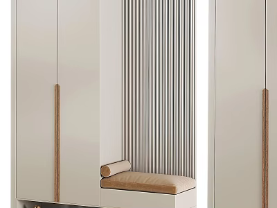 Modern White Shoe Cabinet With Wooden Handles Beige Bench And Vertical Striped Panel 3d model