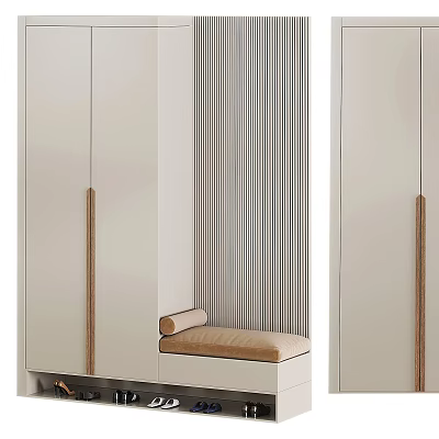 Modern White Shoe Cabinet With Wooden Handles Beige Bench And Vertical Striped Panel 3d model