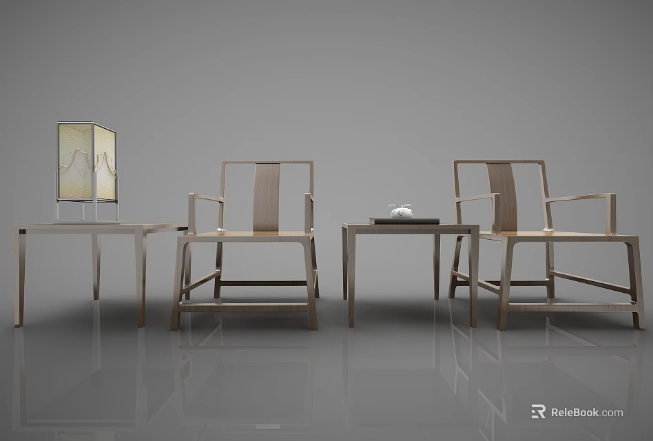 Modern Leisure Sofa Set With Wooden Frame Side Tables And Table Lamp 3d model 