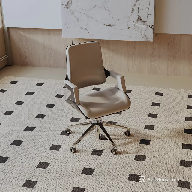 Light Gray Accent Chair With Armrests Metal Wheeled Base On Black Square Pattern Rug 3d model 