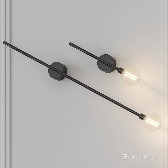 Modern Black Wall Lamps with Long Rods and Globe Bulbs on White Wall 3d model 
