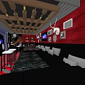 KTV Interior Design With Red Walls Black Sofas TV Screens And Decorative Paintings