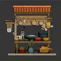 Traditional Market Stall Building With Red Tiled Roof Hanging Containers And Arranged Produce