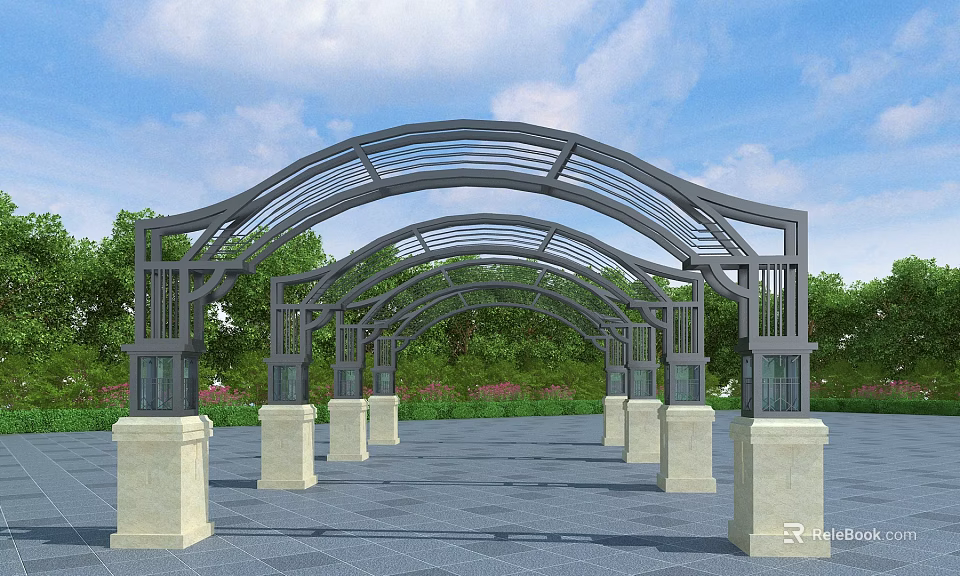 Modern Arched Pergola With Supporting Columns Green Trees And Blue Sky 3d model 