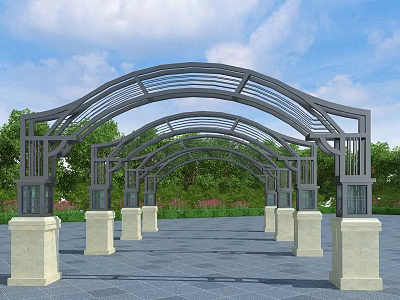 Modern Arched Pergola With Supporting Columns Green Trees And Blue Sky 3d model