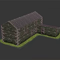 Stone built L shaped Building with Dark Tiled Roof and Green Grass Base Exterior View