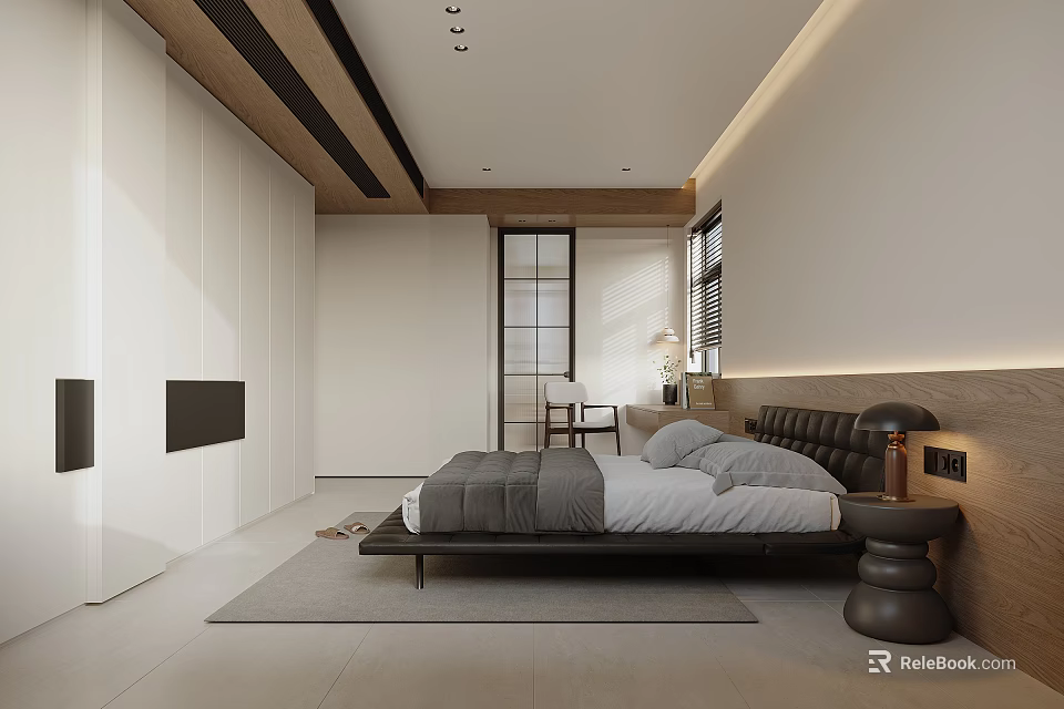 Modern Minimalist Bedroom Interior Design With White Wardrobes Black Headboard And Gray Rug 3d model 
