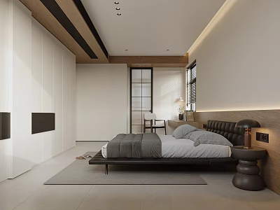 Modern Minimalist Bedroom Interior Design With White Wardrobes Black Headboard And Gray Rug 3d model