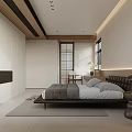 Modern Minimalist Bedroom Interior Design With White Wardrobes Black Headboard And Gray Rug