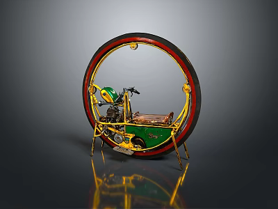 Vintage Motorcycle Featuring Large Red Black Wheel And Green Gold Body Design 3d model