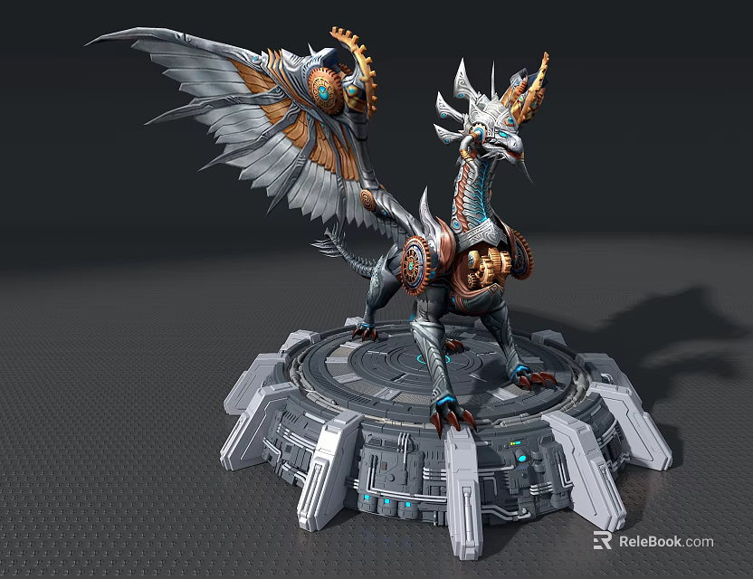 Mechanical Dragon Ornament Decor Set with Intricate Wings and Circular Base 3d model 
