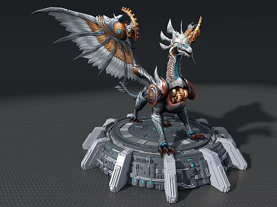 Mechanical Dragon Ornament Decor Set with Intricate Wings and Circular Base 3d model