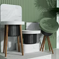 Modern Home Appliances With Wooden Stands And Marble Panels Against Green Ribbed Wall