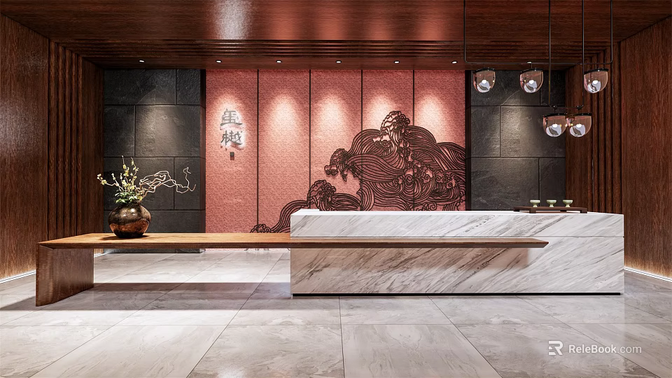 Hotel Lobby Interior Featuring Wooden Ceiling Red Accent Wall Carved Details And Marble Reception Desk 3d model 