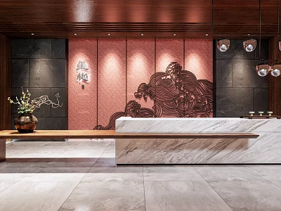 Hotel Lobby Interior Featuring Wooden Ceiling Red Accent Wall Carved Details And Marble Reception Desk 3d model