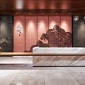 Hotel Lobby Interior Featuring Wooden Ceiling Red Accent Wall Carved Details And Marble Reception Desk