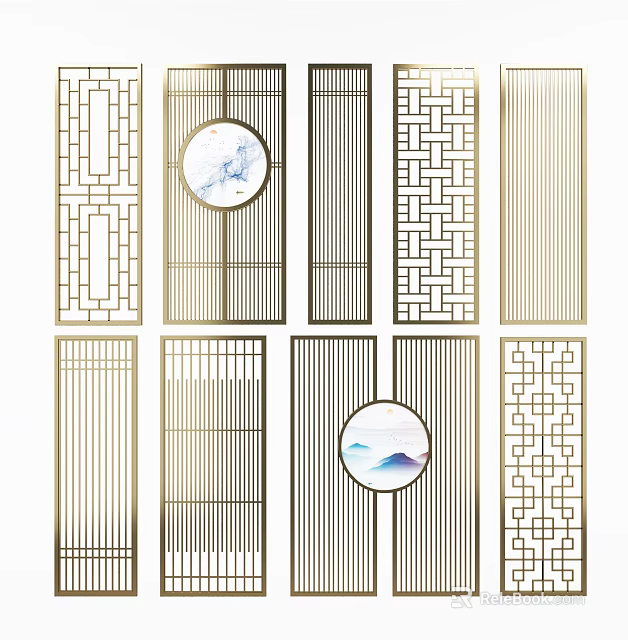 Modern Chinese Room Dividers With Geometric Lattice And Circular Patterns 3d model