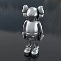 Metallic Silver Three Headed Doll Standing Against Mountain Landscape With Reflective Surface 3d model