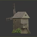 Wooden Windmill Building with Traditional Roof Stairs and Small Windows Surrounded by Green Plants