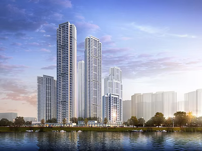 Elegant Modern High Rise Residential Buildings With Waterfront Greenery And River View 3d model