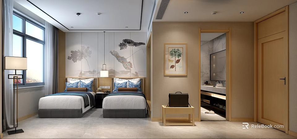 Hotel Room Interior Featuring Twin Beds Decorative Wall Art Table Lamps And Bathroom Entrance 3d model 