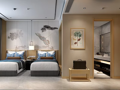 Hotel Room Interior Featuring Twin Beds Decorative Wall Art Table Lamps And Bathroom Entrance 3d model