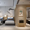 Hotel Room Interior Featuring Twin Beds Decorative Wall Art Table Lamps And Bathroom Entrance