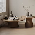 Modern Living Room Sofa and Coffee Table Set with Round Wooden Tables Vases and Books