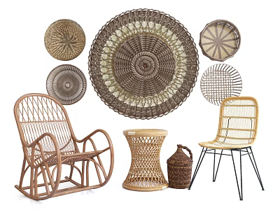 Stylish Rattan Table And Chair Set With Handwoven Design And Decorative Elements 3d model