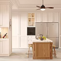 Modern Kitchen Interior With Wooden Island Countertop Stools White Cabinets And Natural Light