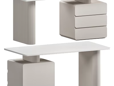 Sleek Modern Table And Chair Set With White Top Fluted Columns And Multiple Drawers 3d model