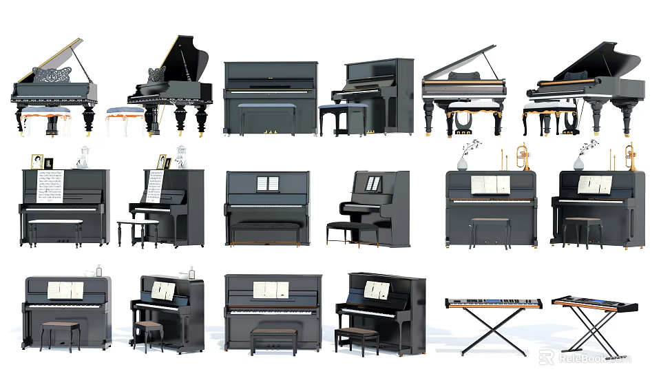 Assorted Acoustic Piano Collection Featuring Grand Upright Models Stools And Music Stands 3d model 