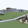 Modern Urban Architectural Complex Featuring Circular Building Low Rise Structures Green Landscape And Water Feature