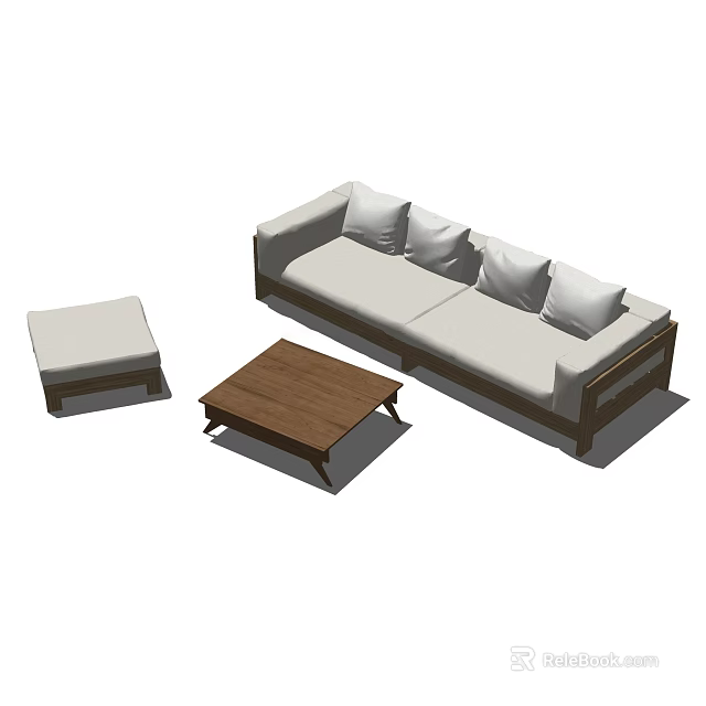 Light Colored Fabric Sofa With Cushions And Rectangular Wooden Coffee Table Set Including Matching Ottoman 3d model