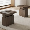 Two Dark Wooden Square Stools With Square Top And Cylindrical Details On Light Carpet