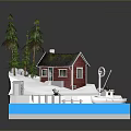Red House With Solar Panel On Snowy Island Surrounded By Pine Trees Small Boat And Water
